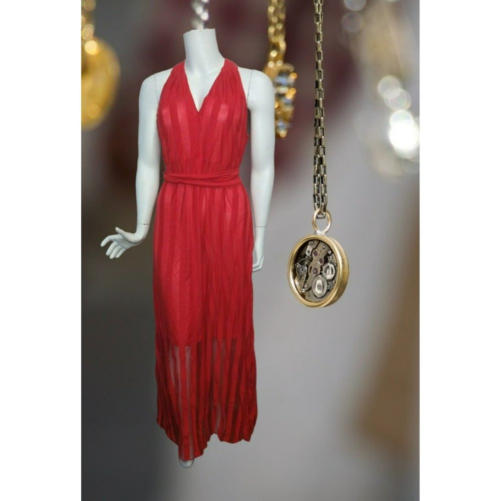 Maxi V neck Belted Red Chiffon Dress Size XL Cocktail Dinner Date Dress